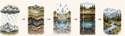 Geology timeline showing rainfall, ancient rock, filtration, aquifer and natural emergence