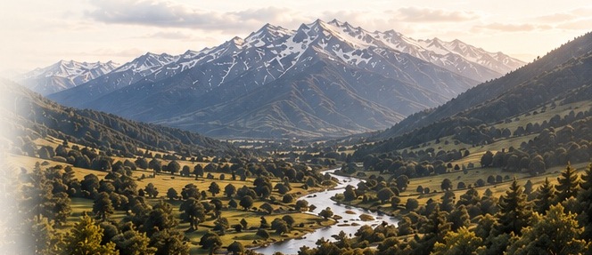 Mountain valley and river beneath Mount Bogong