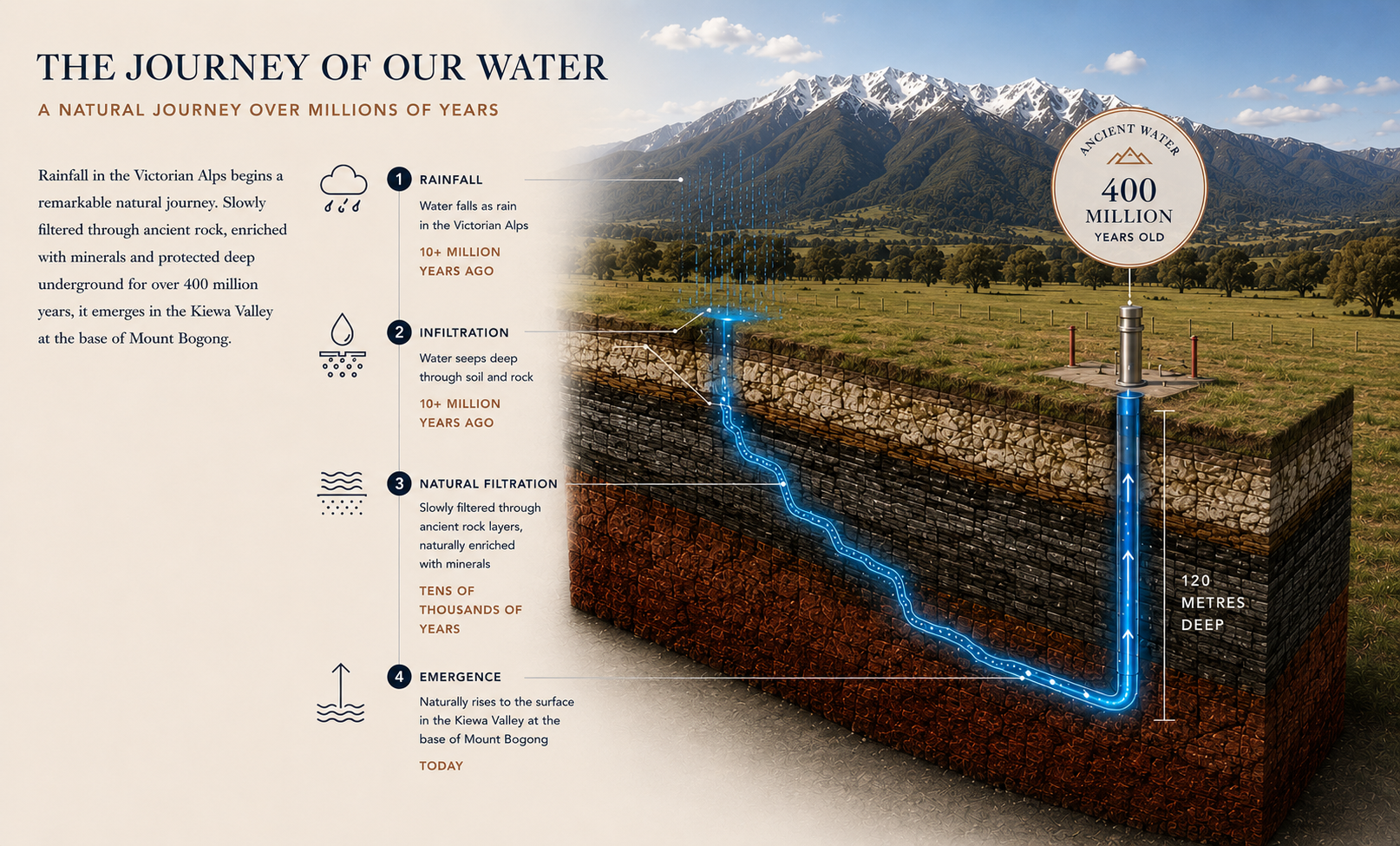 The journey of Three Valleys water from rainfall in the Victorian Alps through ancient rock layers to emergence at a 120 metre bore in the Kiewa Valley.