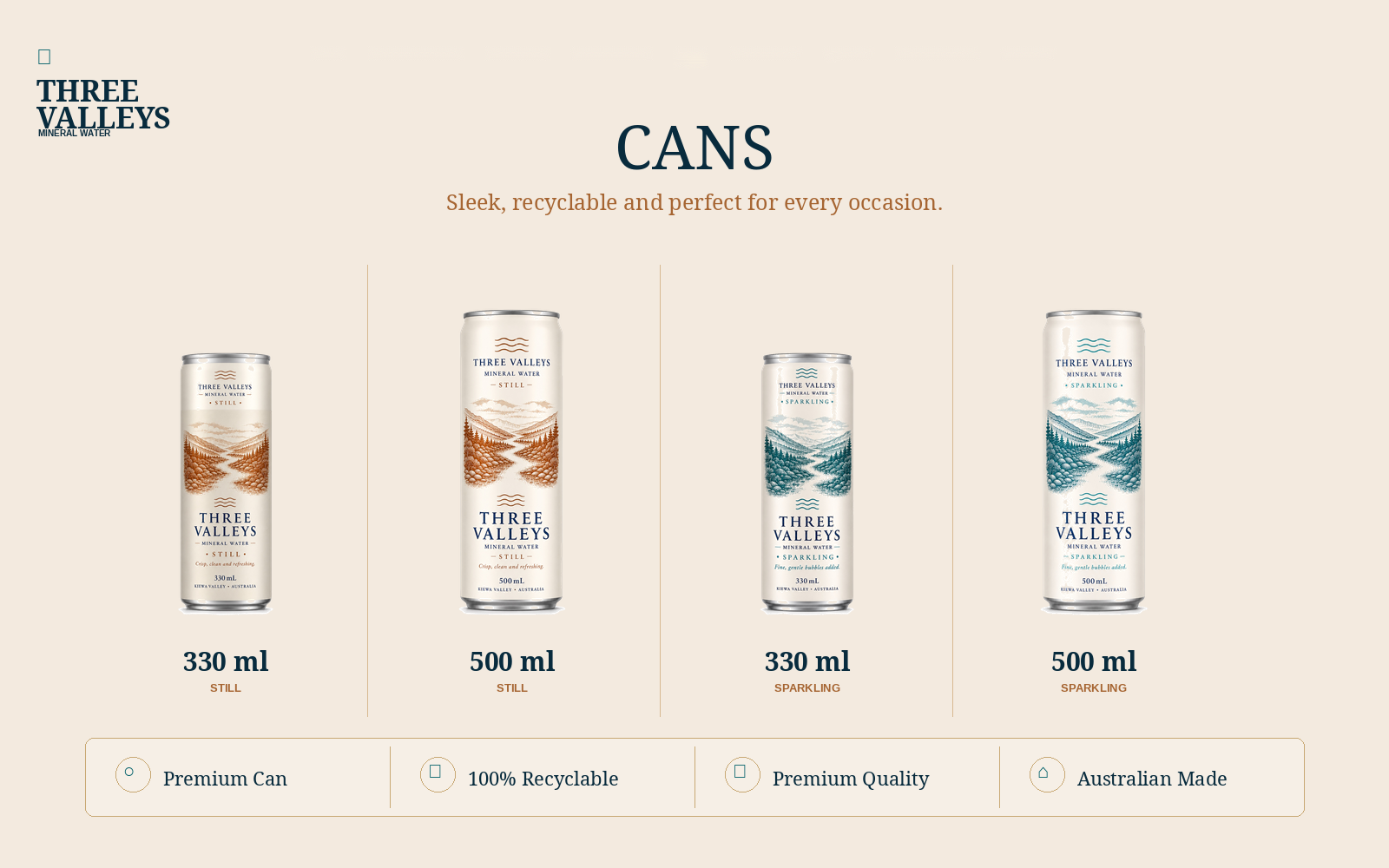 Cans page design for Three Valleys Mineral Water